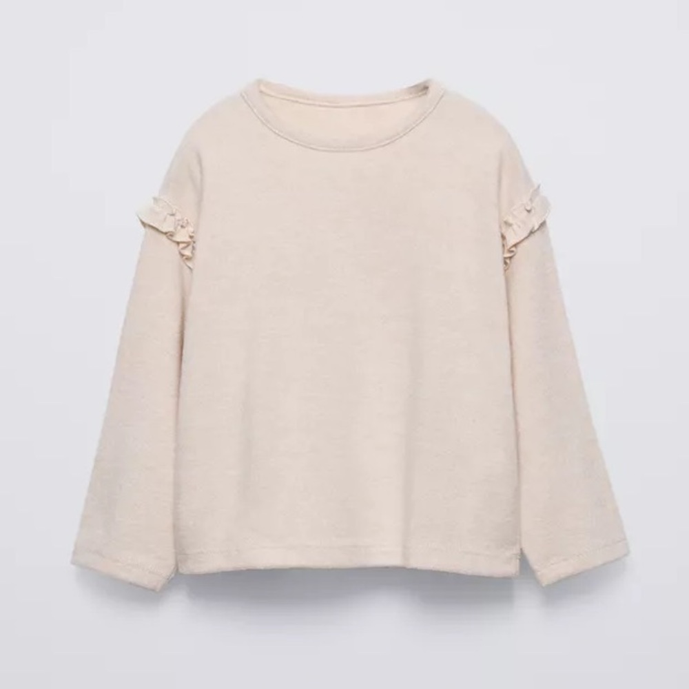 ZARA Baby Knit Ruffle Shoulder Crew Neck Pullover Sweater Cream Size 12-18M